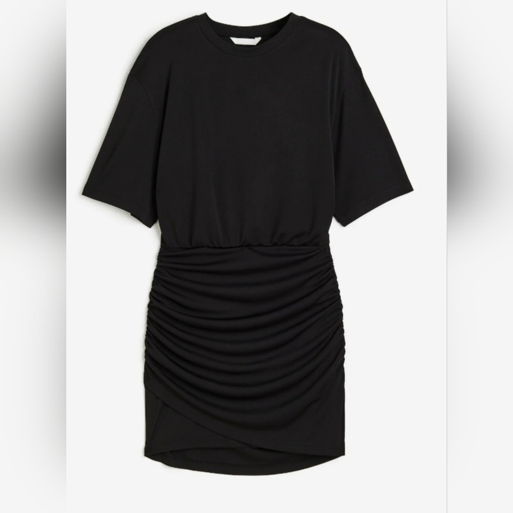 DRAPED BLACK JERSEY DRESS. NWT. LARGE.